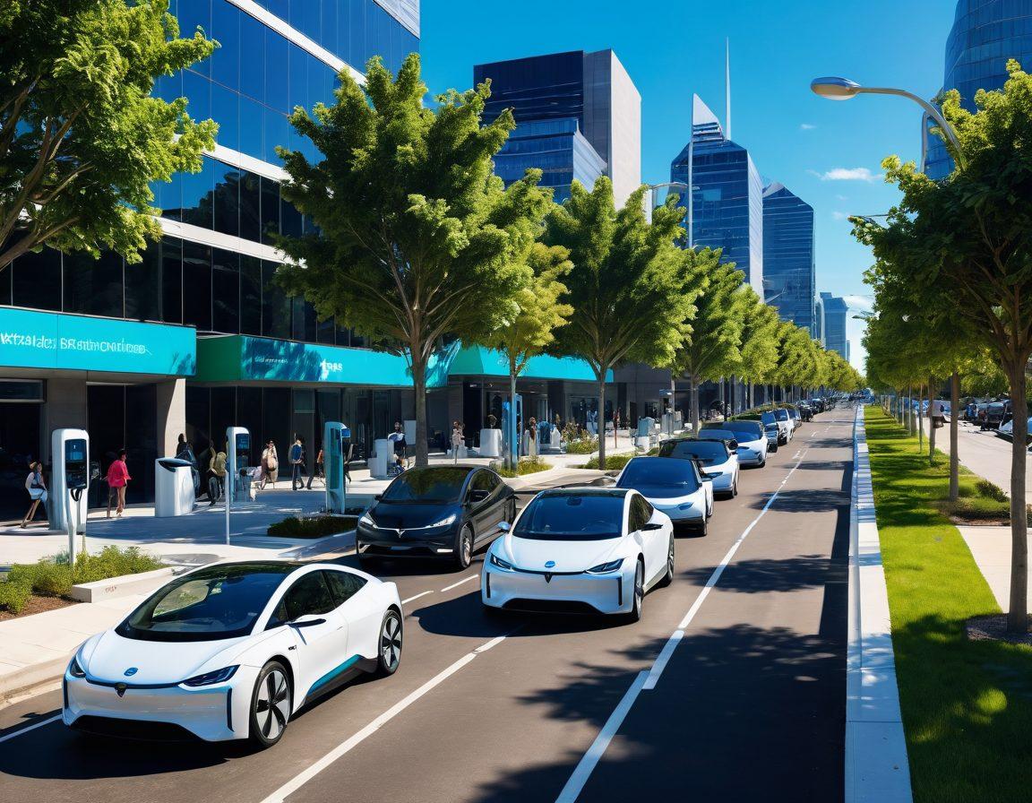 A futuristic cityscape showcasing sleek electric vehicles driving on clean, tree-lined streets. Emphasize green energy solutions like charging stations powered by solar panels, alongside pedestrians enjoying vibrant public spaces. Incorporate blue skies and eco-friendly architecture in the background. super-realistic. vibrant colors.