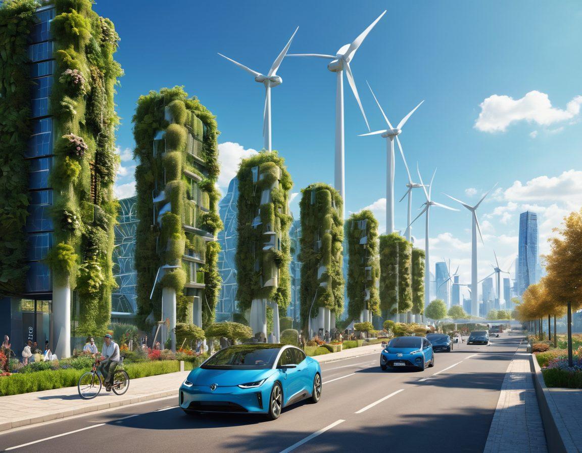 A futuristic city skyline powered by green technology, featuring solar panels, wind turbines, and lush vertical gardens. People are using electric vehicles and bicycles, with clear blue skies overhead. The landscape shows a harmonious blend of nature and technology, promoting a low-emission environment. super-realistic. vibrant colors. 3D.